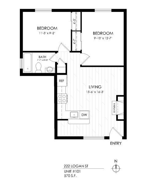 Floor plan for 2 beds, 1 bath, 610 sqft